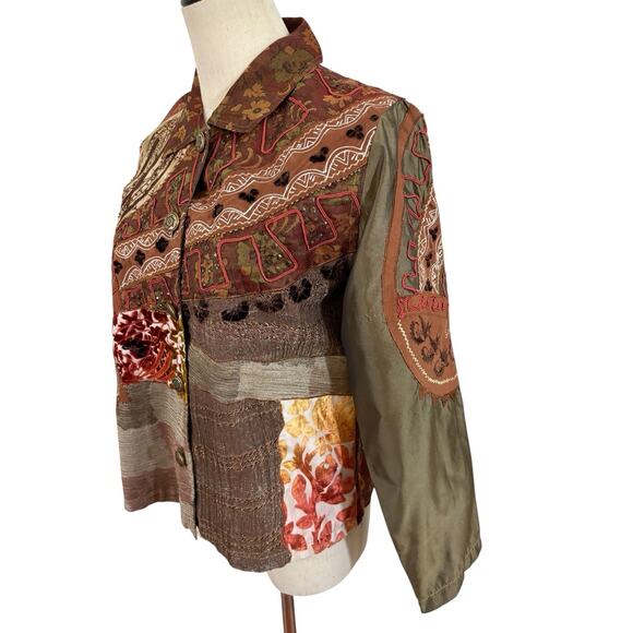 Vtg 90s Life Style Petite Jacket Patch‎ Work Velvet Burn Out Fall Boho Sz M Art - Picture 5 of 13